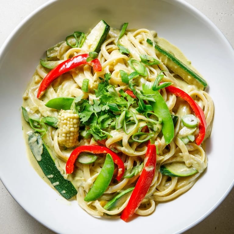 Creamy, fragrant Thai Curry Pasta with bright green vegetables, offering a satisfying and spicy taste.