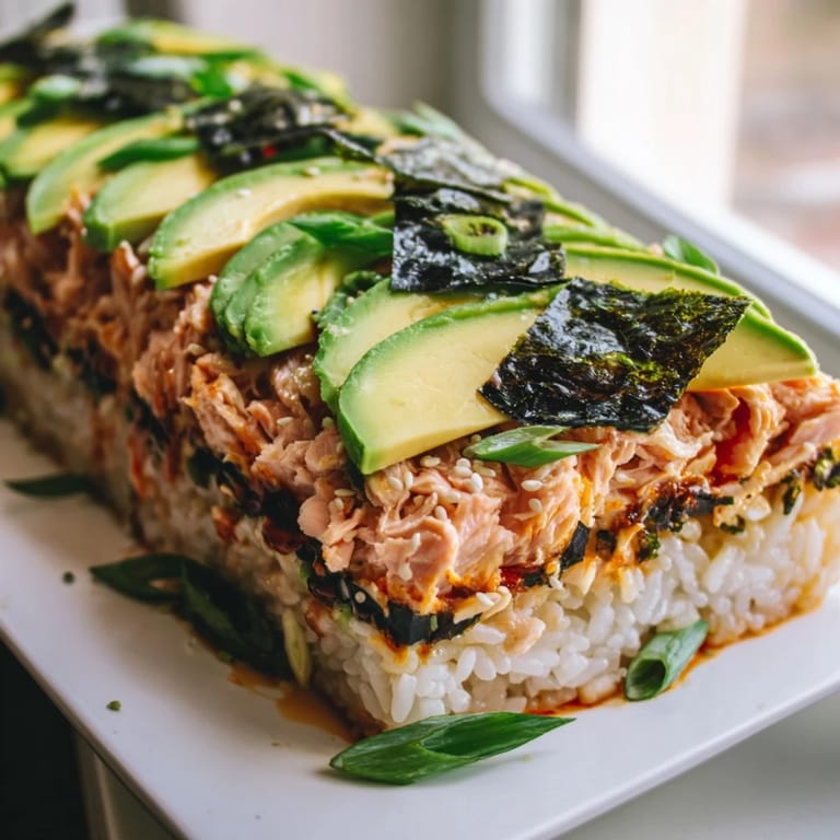 A close-up of a delightful sushi bake casserole with vibrant toppings; ready to serve.