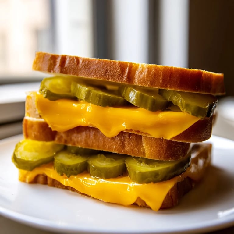 Close-up of a low-carb pickle bread sandwich, showcasing layers of cheese and crunchy pickles.