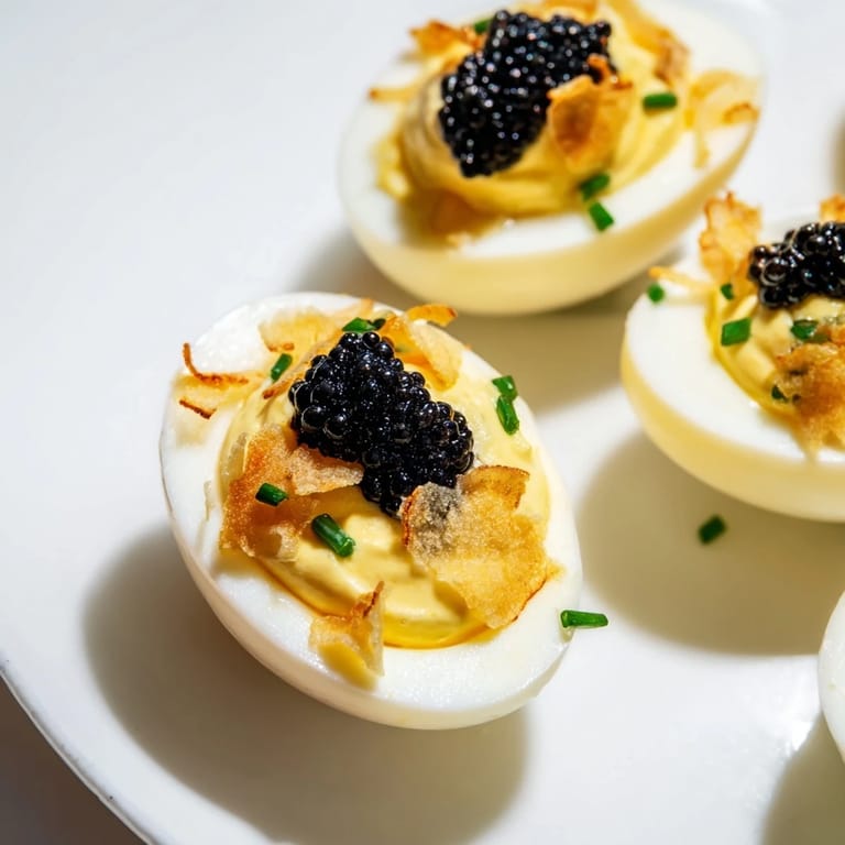 Savory deviled eggs recipe, showcasing creamy yolk filling, luxurious caviar, and golden shallots atop a plate.