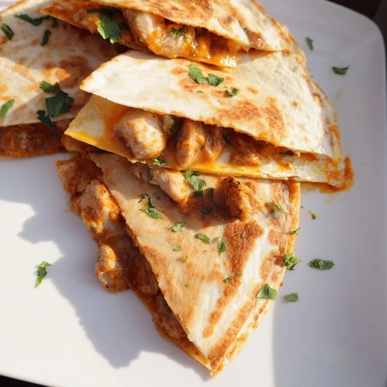 A close-up of warm Butter Chicken Quesadillas, rich with spiced chicken and melted cheesy goodness.