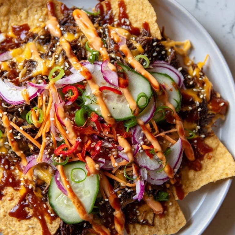 A close-up of Korean BBQ Nachos, showcasing the crispy chips and flavorful layers of ingredients.