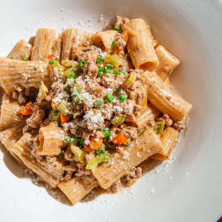 A steaming plate of flavorful Kimchi Ragu Pasta, garnished with fresh green scallions ready to be enjoyed.