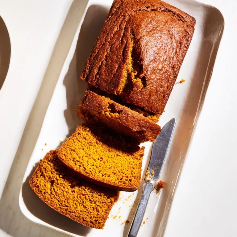 Moist pumpkin bread loaf sliced to reveal tender crumb and optional pecans, ready for breakfast or snack time.  