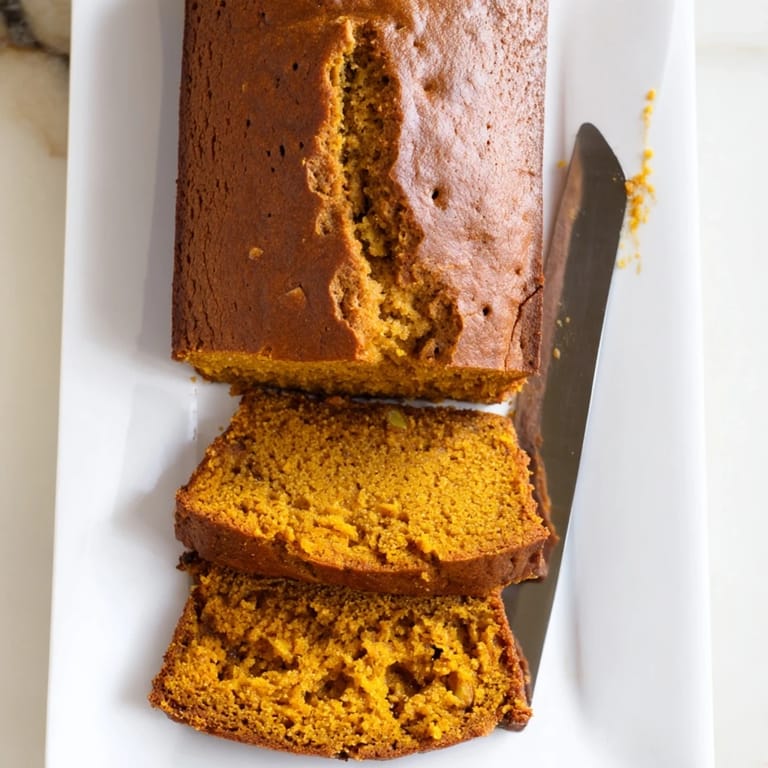 This golden-brown pumpkin bread loaf features a moist, spiced interior and a perfect slice for fall baking.