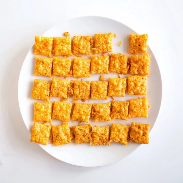 Close-up view of Crispy Cheeto Cheese Crackers stacked on a wooden board, highlighting the sharp cheddar flecks and rough, seasoned edges.