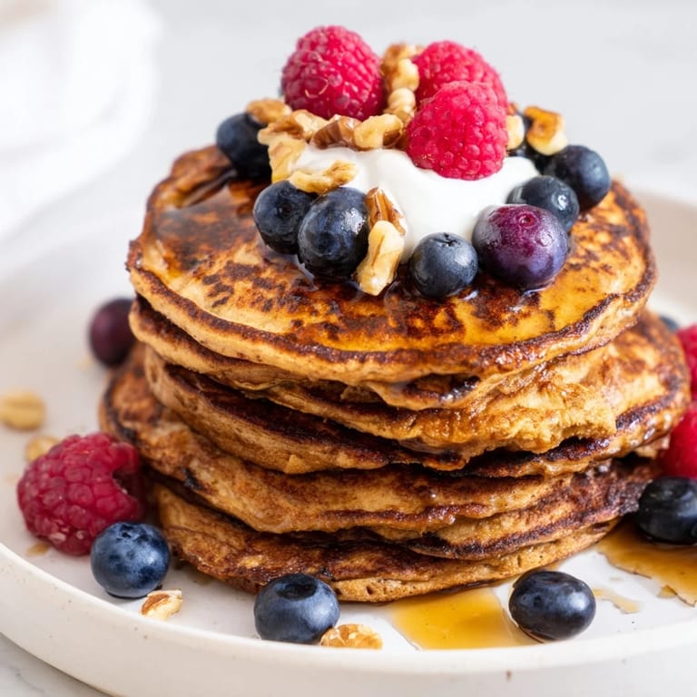 Stack of warm Brown Banana Pancakes topped with fresh berries and a drizzle of maple syrup.
