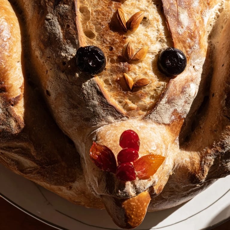 Festive artisan turkey sourdough bread, complete with olive eyes and a red wattle, ready for a holiday table.