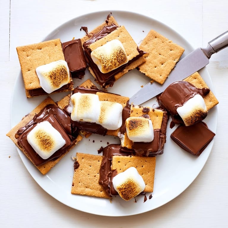 Stack of four homemade air fryer s'mores ready to serve, with a cup of milk and extra marshmallows nearby.