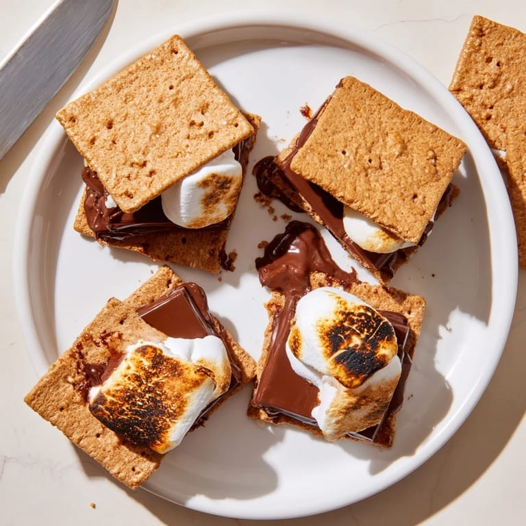 Close-up view of an air fryer s'more with a perfectly toasted marshmallow and a rich, drizzling milk chocolate layer.