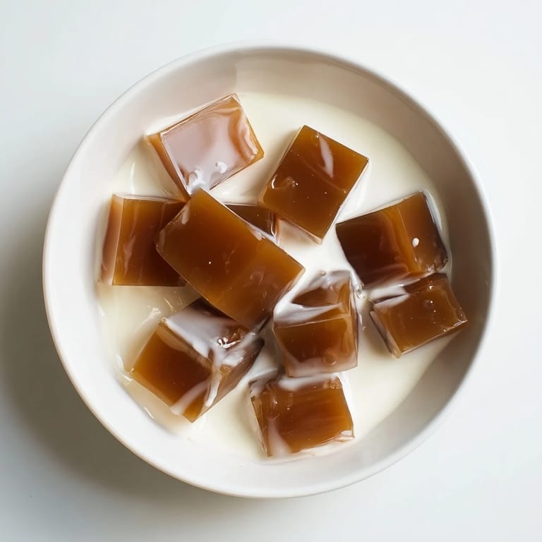 Refreshingly layered Coffee Jelly Dessert served in a clear glass, showcasing silky coffee gelatin cubes topped with fluffy vanilla-sweetened cream.