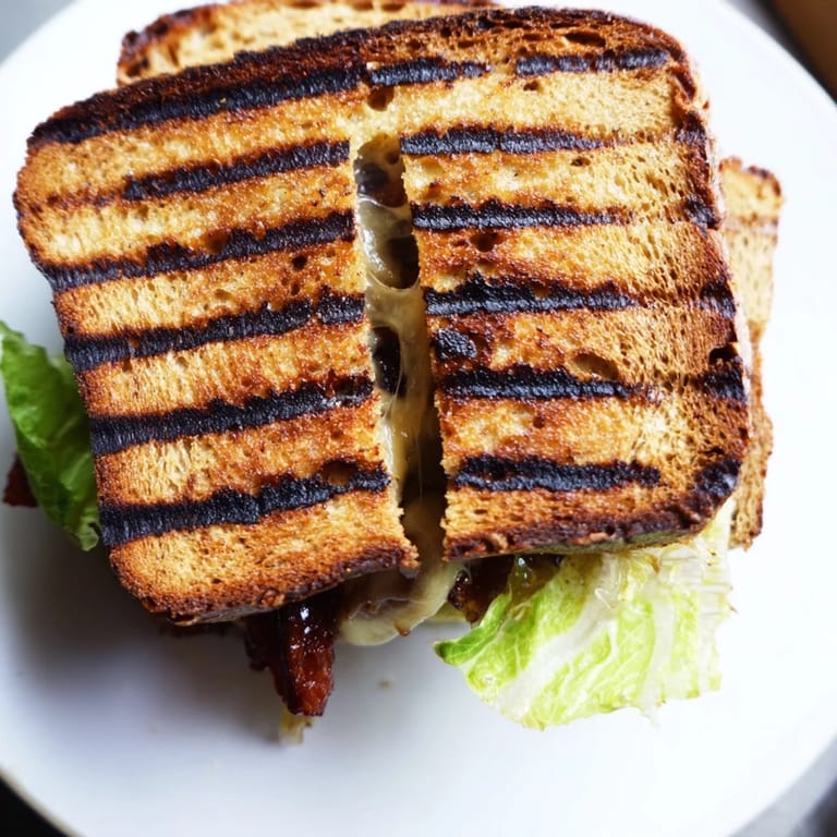 Vegan Bacon BLT Grilled Cheese on a plate, featuring crispy tempeh bacon, juicy tomato, and crisp lettuce between buttery bread.