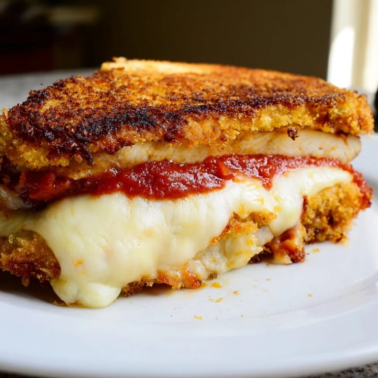 Fresh basil leaves garnish the crispy chicken and zesty marinara oozing from a toasted, garlicky grilled cheese sandwich.  