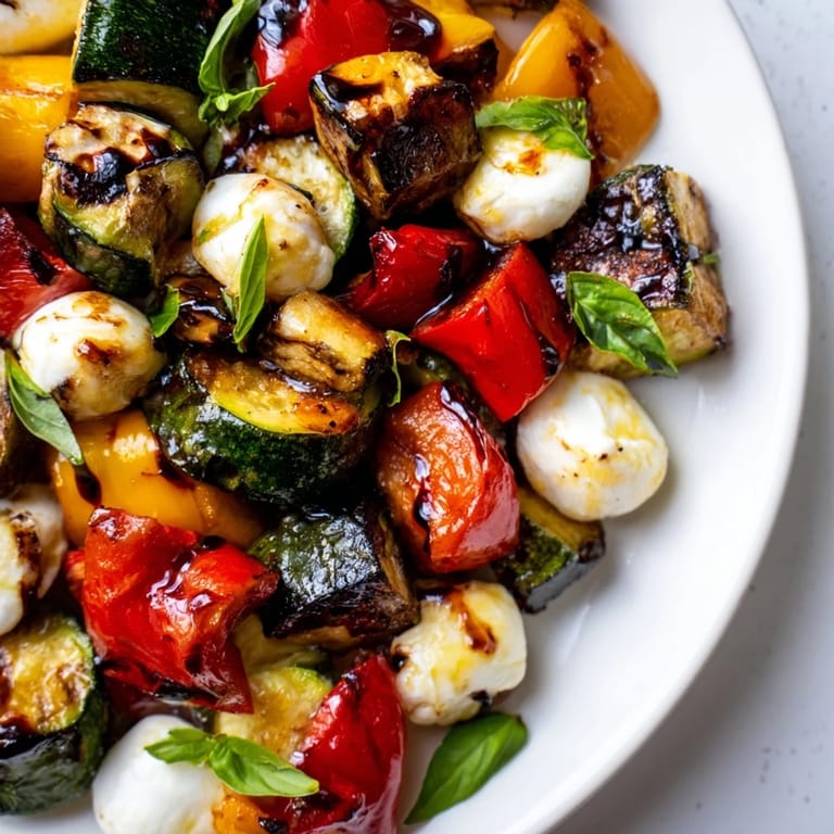 Golden roasted vegetables and creamy mozzarella pearls shine in this vibrant Roasted Veggie Caprese Salad, drizzled with balsamic glaze.  