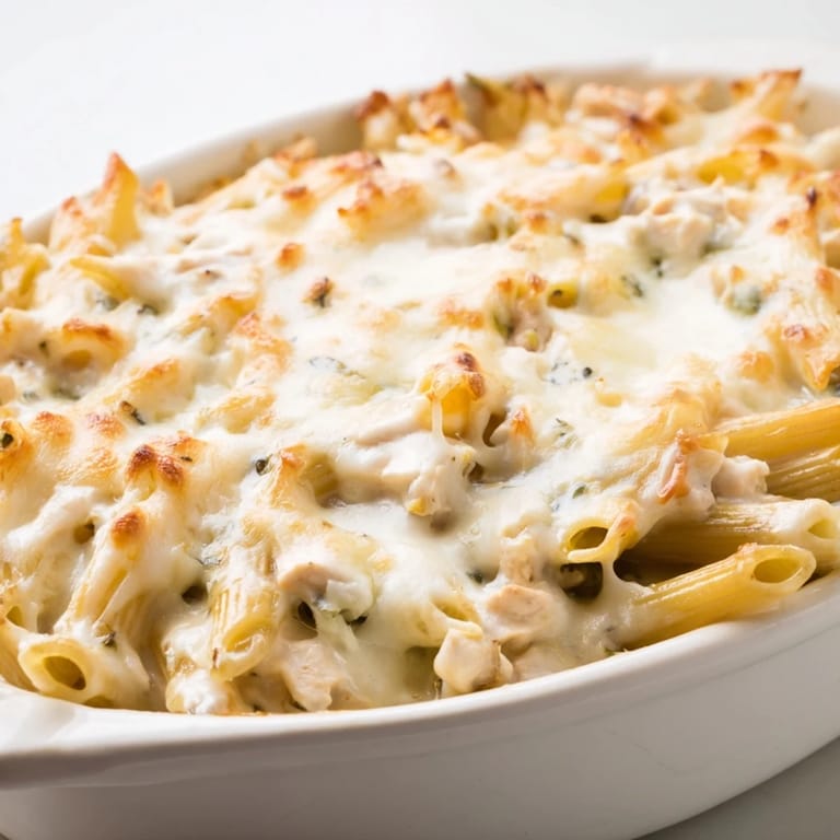 Golden-brown Chicken Ranch Pasta Bake with chicken and penne, served from a 9x13-inch dish, perfect for family dinners.