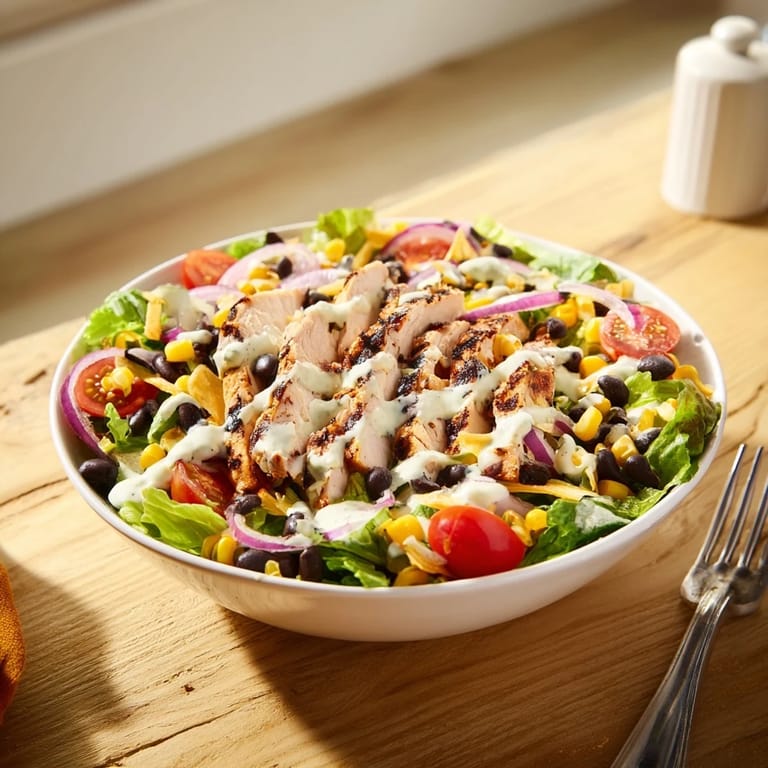 A hearty BBQ Chicken Salad with smoky ranch drizzle, served in a rustic bowl for a family dinner.