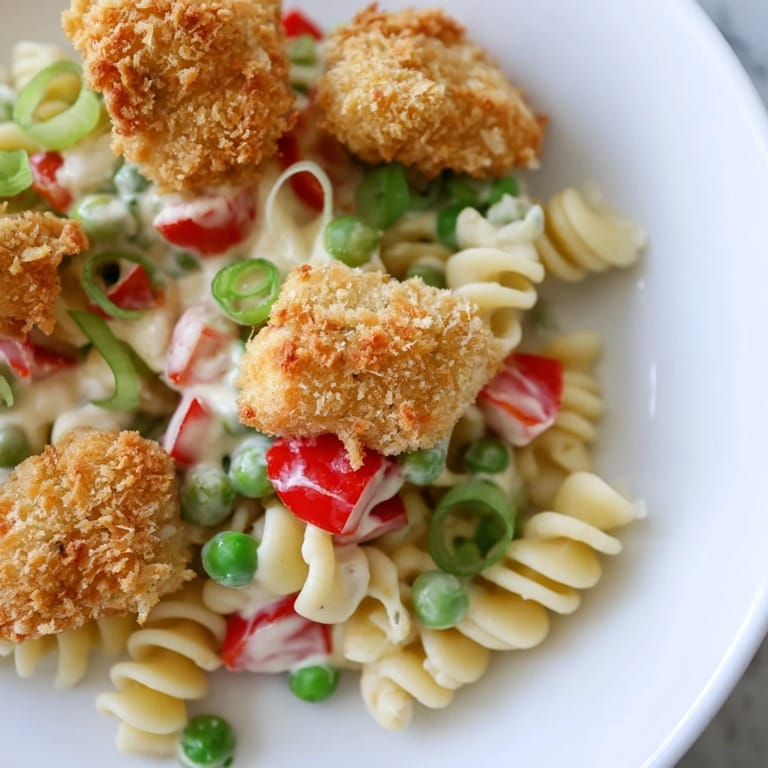 A close-up of Crispy Chicken Ranch Pasta Salad shows tender pasta and crispy chicken bites tossed with fresh herbs in a rich, creamy ranch dressing.