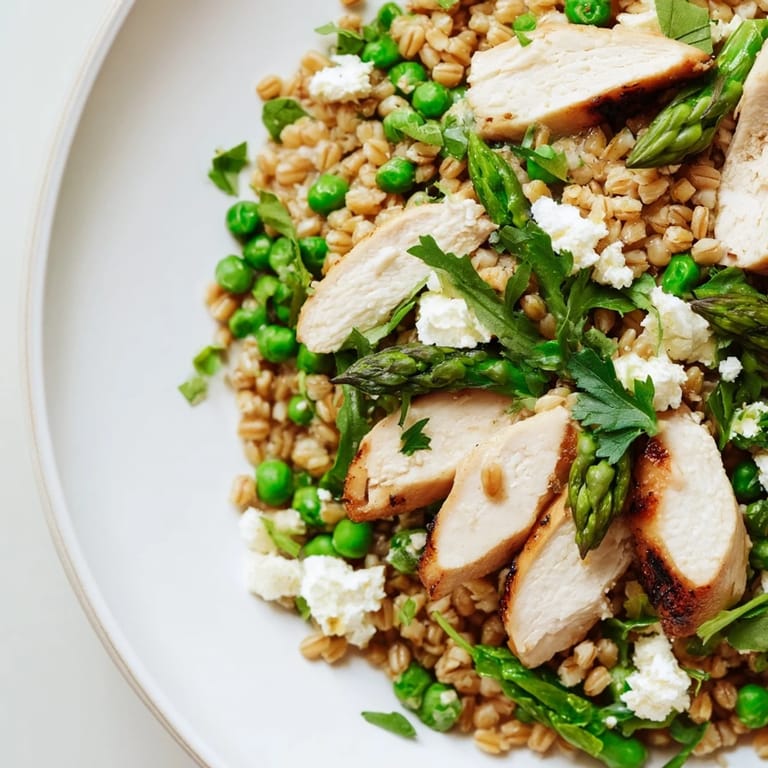 A hearty Warm Spring Farro Chicken Salad tossed with crisp arugula, crumbled feta, and fresh herbs for a light, protein-packed meal.