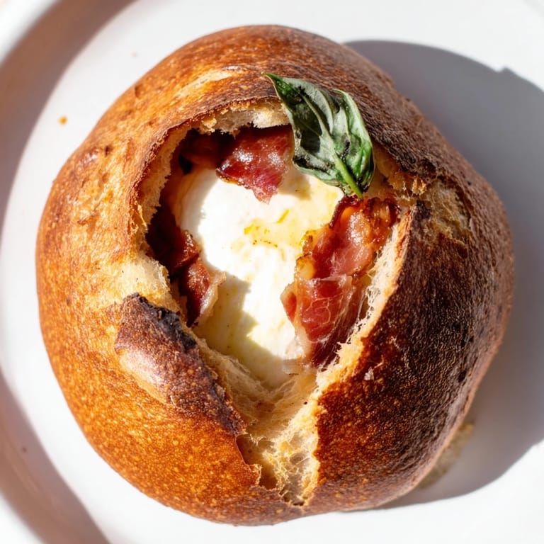 A close-up of an open-faced Crispy Prosciutto & Burrata Grilled Cheese sandwich showing melty cheese and fresh basil.