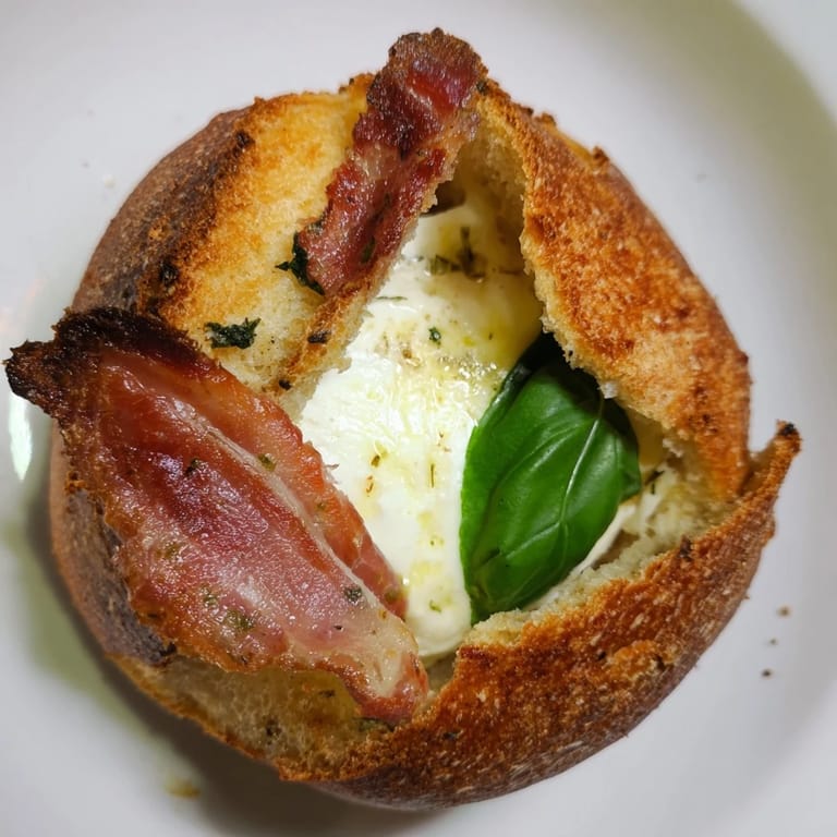 Homemade Italian-American grilled cheese featuring crisp prosciutto and torn burrata, served warm with a side of arugula.