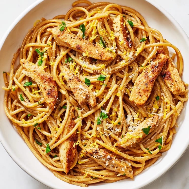 Savory Brown Butter Lemon Chicken Pasta served with lemon wedges, parsley, and a glossy sauce.