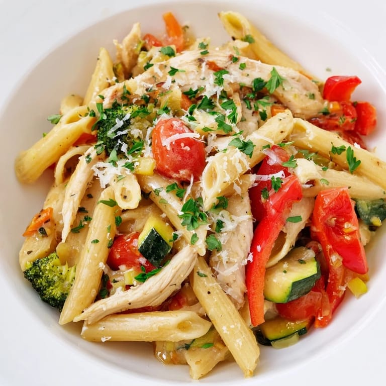 Served in a shallow bowl, this Garlic Herb Chicken & Veg Pasta pairs perfectly with a glass of white wine.