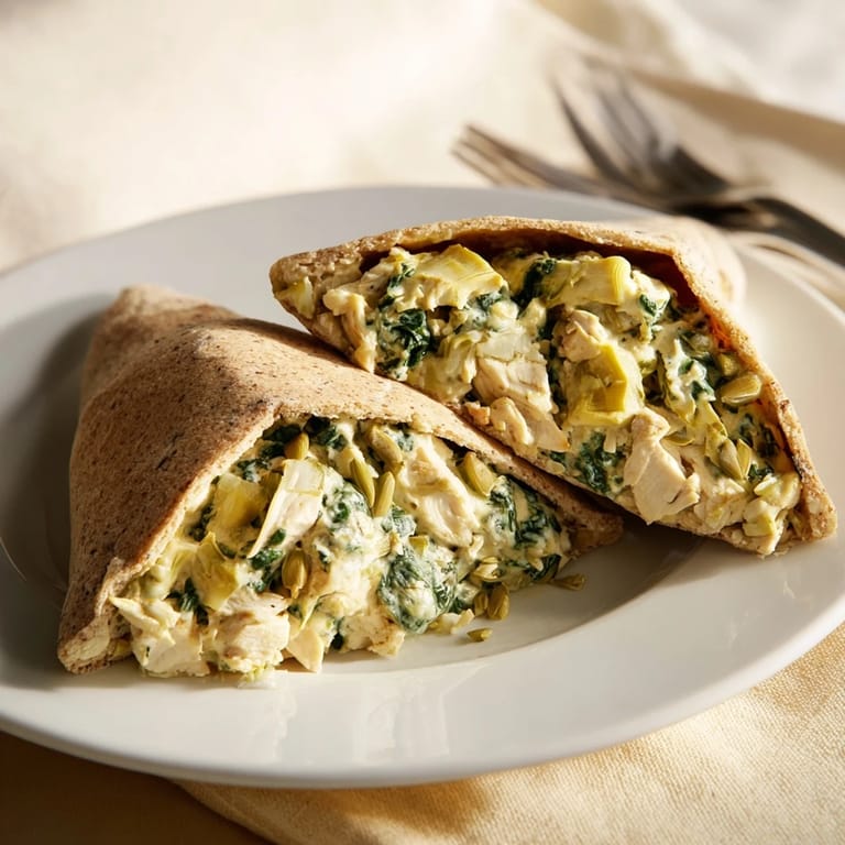 Fresh spinach and chopped artichokes mixed into a creamy, cheesy chicken filling, stuffed inside fluffy pita bread for a flavorful main dish.