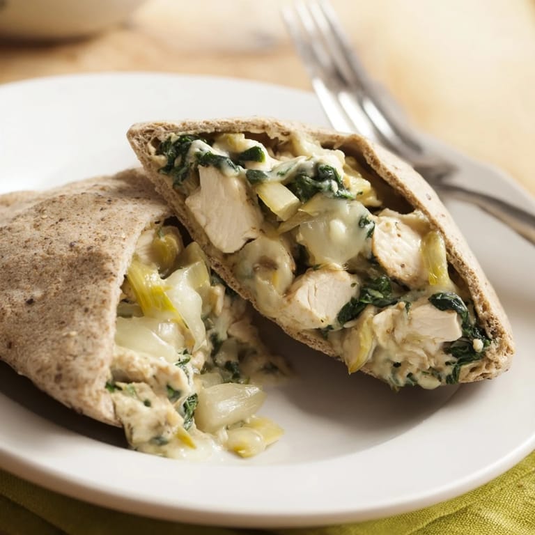 Warm Mediterranean-inspired pita pockets overflowing with savory chicken, spinach, artichoke, and melted mozzarella, finished with a garnish of fresh parsley.
