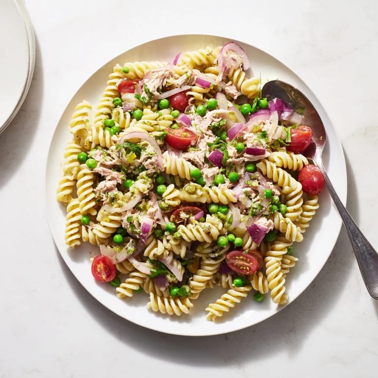 This easy Lemony Tuna Pasta Salad is served in a rustic white bowl, garnished with fresh dill, parsley, and lemon zest.