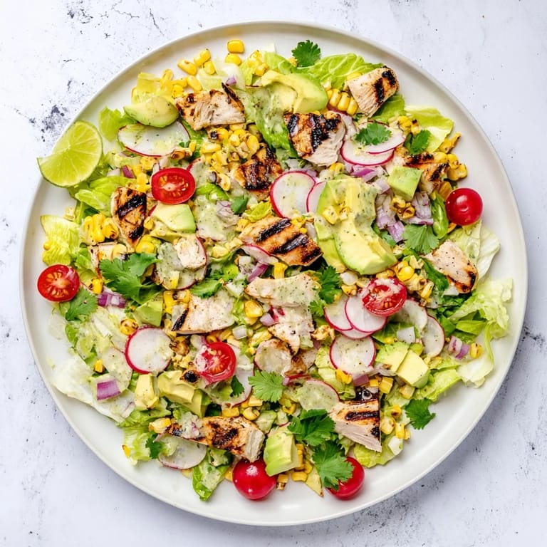 A generous bowl of Roasted Corn & Chicken Chopped Salad features juicy grilled chicken, charred corn, crisp romaine, and radishes tossed in a zesty lime vinaigrette.