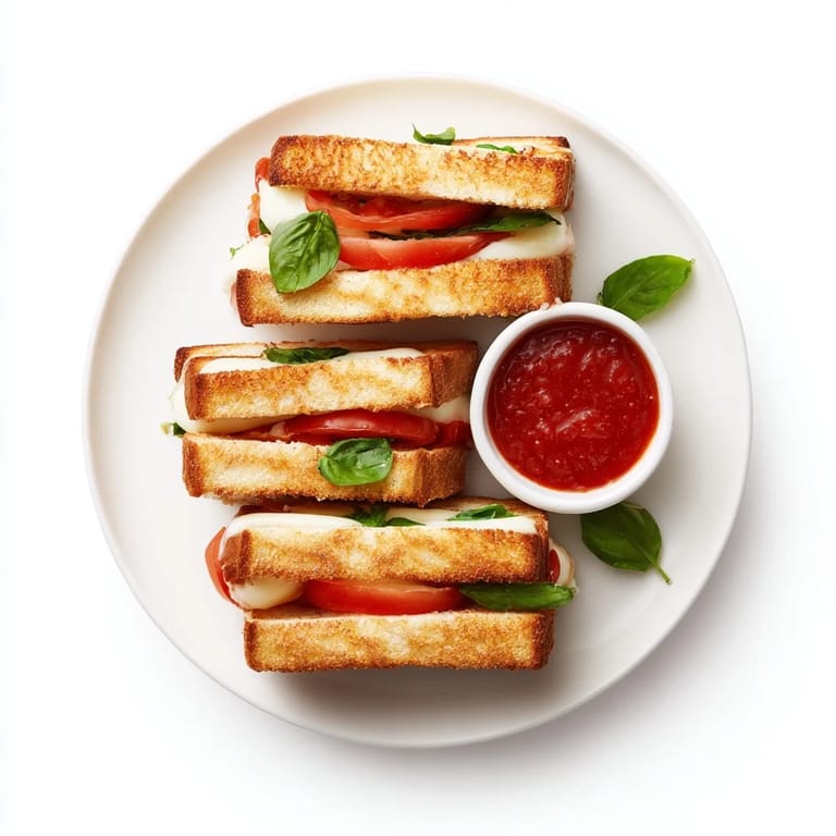 A close-up of crispy, golden Caprese Grilled Cheese Dippers, highlighting melted mozzarella and ripe tomatoes, ready for dipping.