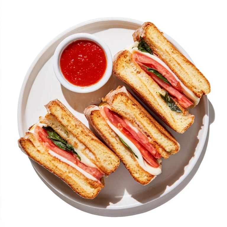Caprese Grilled Cheese Dippers on a rustic board, surrounded by fresh basil leaves and a small bowl of marinara.  