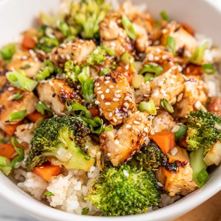 Savory One Pan Honey Garlic Chicken Broccoli Rice, served hot with sesame seeds and green onions for garnish.  