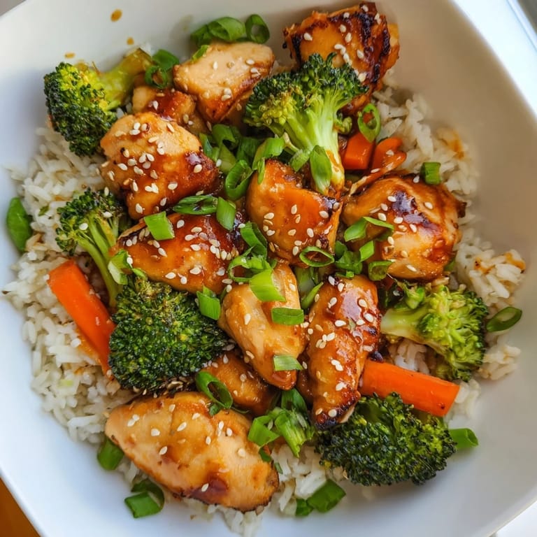 Close-up of One Pan Honey Garlic Chicken Broccoli Rice, featuring glazed chicken, carrots, and perfectly cooked rice.