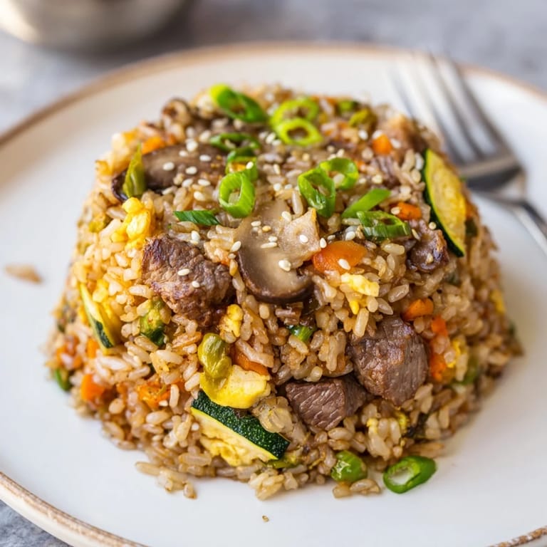 Easy Hibachi Steak With Fried Rice is served steaming from the pan, garnished with green onions and sesame seeds on a rustic dinner plate.  