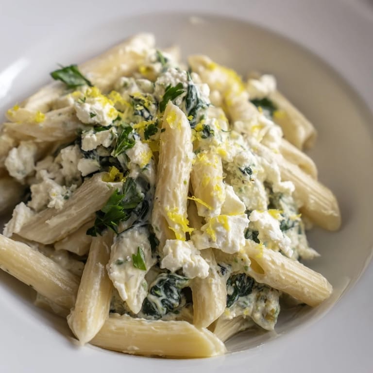 Steaming bowl of Creamy Feta Spinach Pasta, a comforting vegetarian main with a tangy Mediterranean flavor.