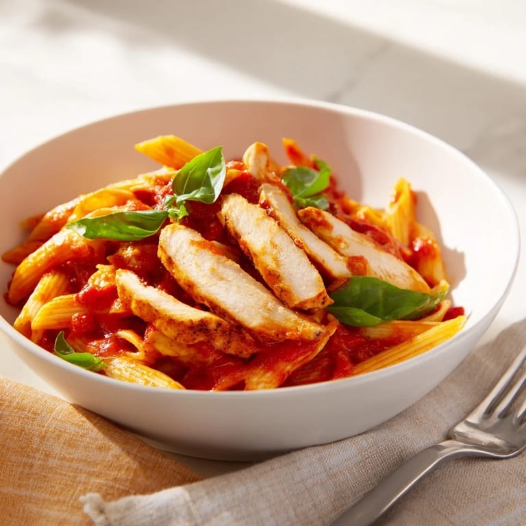 A hearty serving of Spicy Tomato Chicken Pasta, featuring tender penne and a rich, crimson sauce.