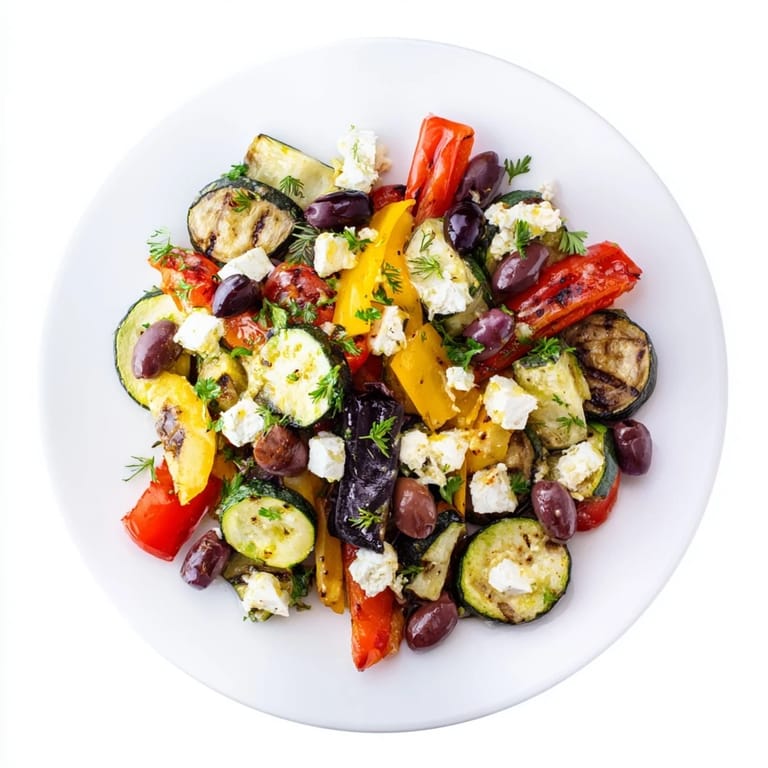 Hearty Roasted Greek Salad, perfect for a light dinner with zesty dressing.
