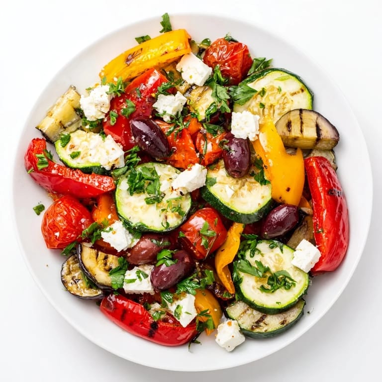 Colorful Roasted Greek Salad, featuring tender roasted veggies and tangy feta chunks.