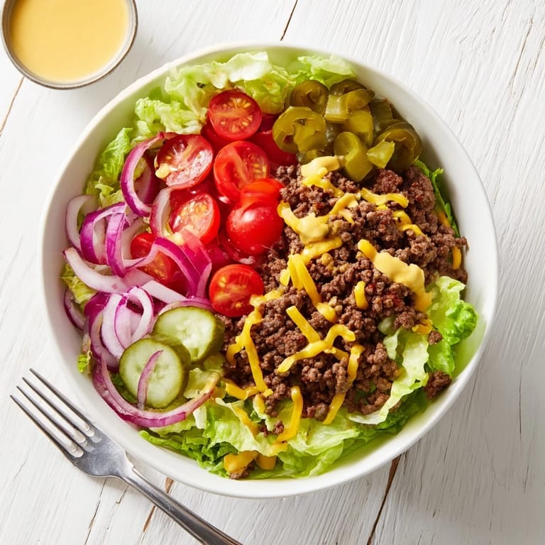Deconstructed Easy Big Mac in a Bowl with tomatoes, onions, pickles, and melted cheddar cheese ready to be enjoyed.