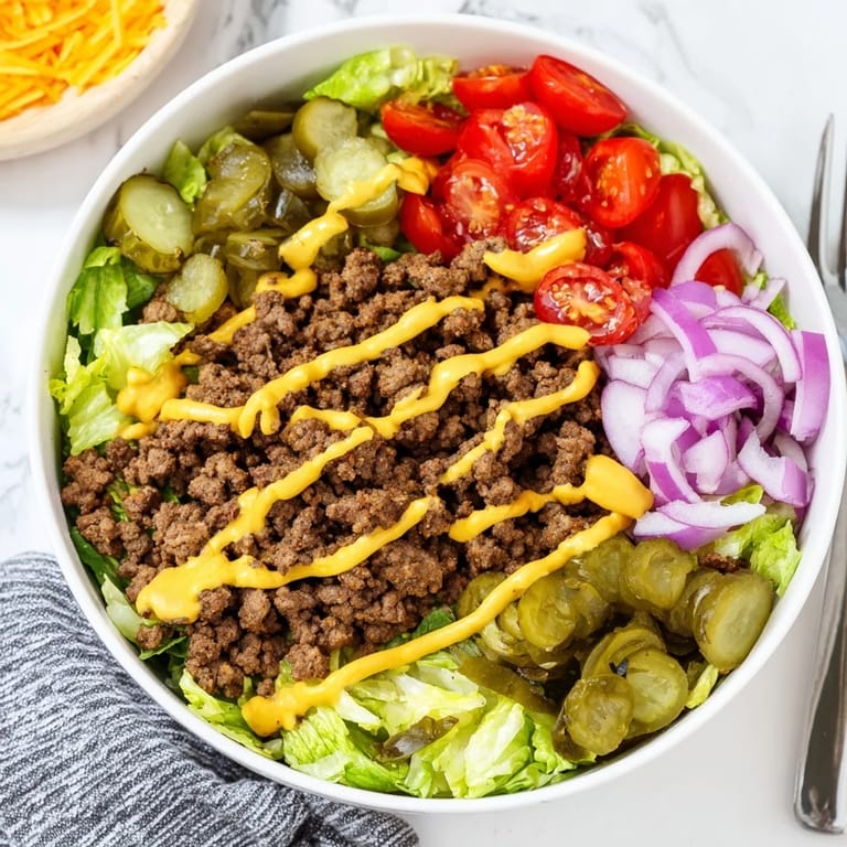 Gluten-free Easy Big Mac in a Bowl with ground beef and fresh vegetables, served as a quick, satisfying main dish.