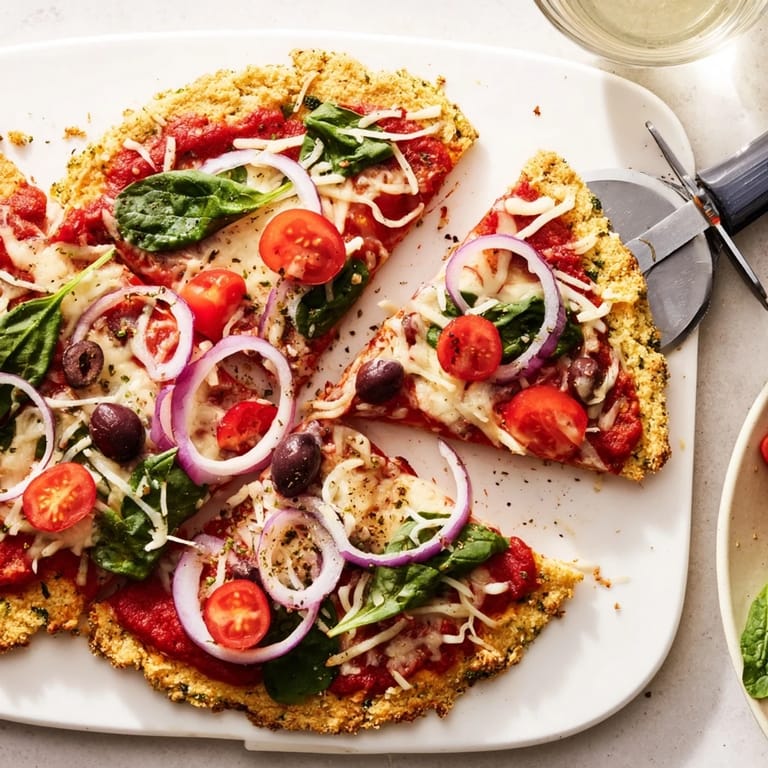 Healthy Broccoli Chicken Crust Pizza served warm, topped with cherry tomatoes, red onion, and herbs on a rustic wooden cutting board.