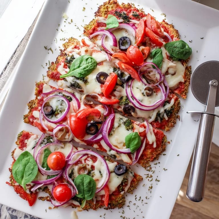 Gluten-free Broccoli Chicken Crust Pizza with a sturdy chicken-broccoli base, colorful vegetable toppings, and bubbling cheese, ready to slice and enjoy.