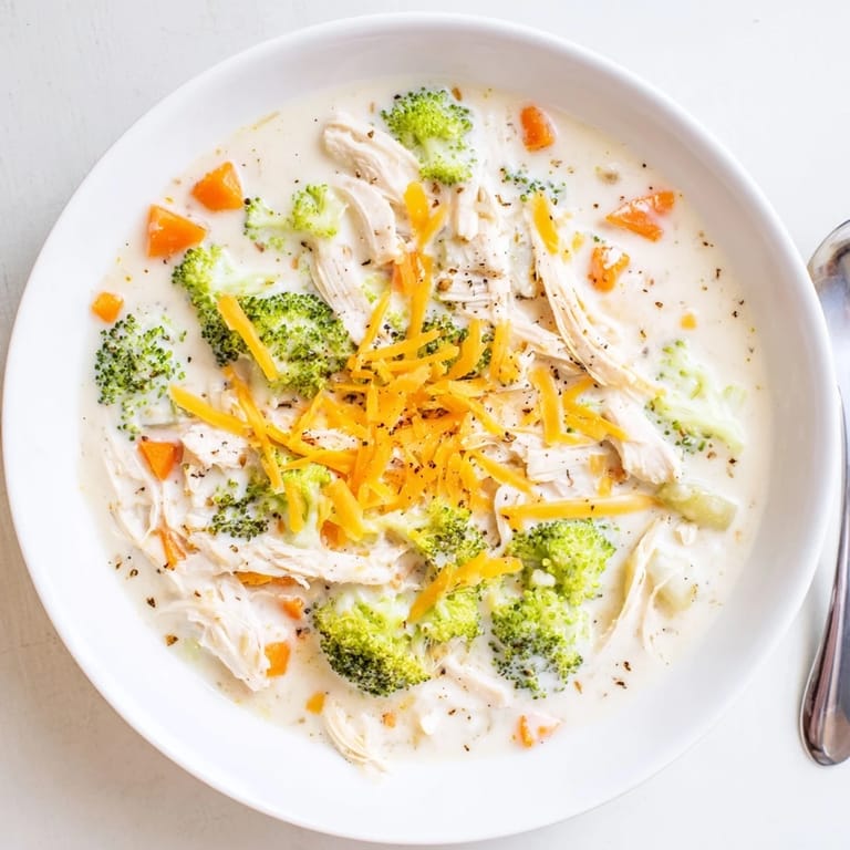 Hearty Chicken Broccoli Cheddar Soup with tender chicken, vibrant broccoli, and melted cheese, served with crusty bread.  