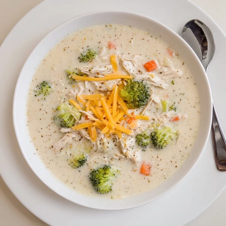 Comforting Chicken Broccoli Cheddar Soup steaming in a white bowl, perfect for a chilly evening dinner.