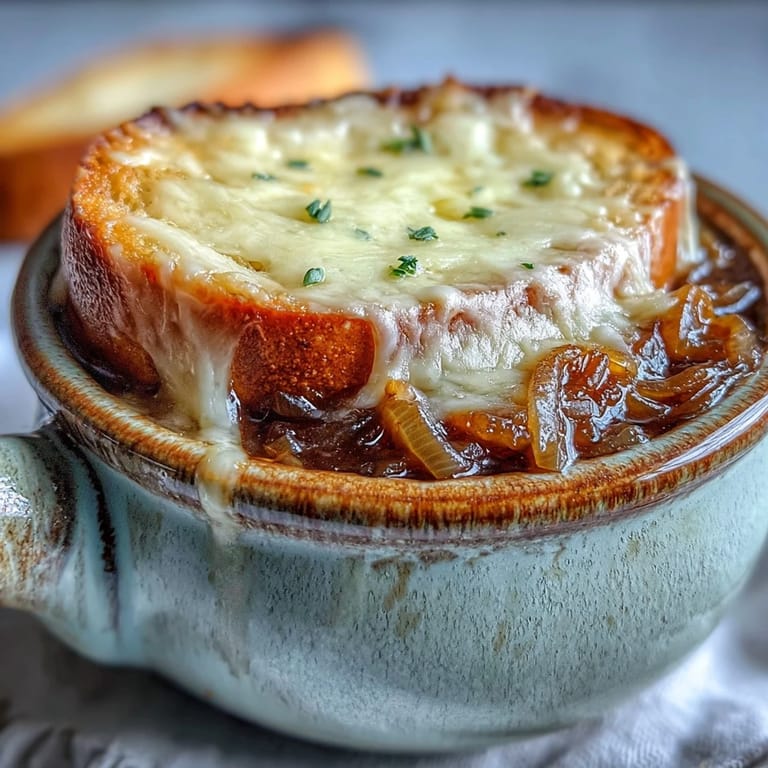 Classic French Onion Soup served hot in a crock with a crusty bread slice and fresh thyme garnish.