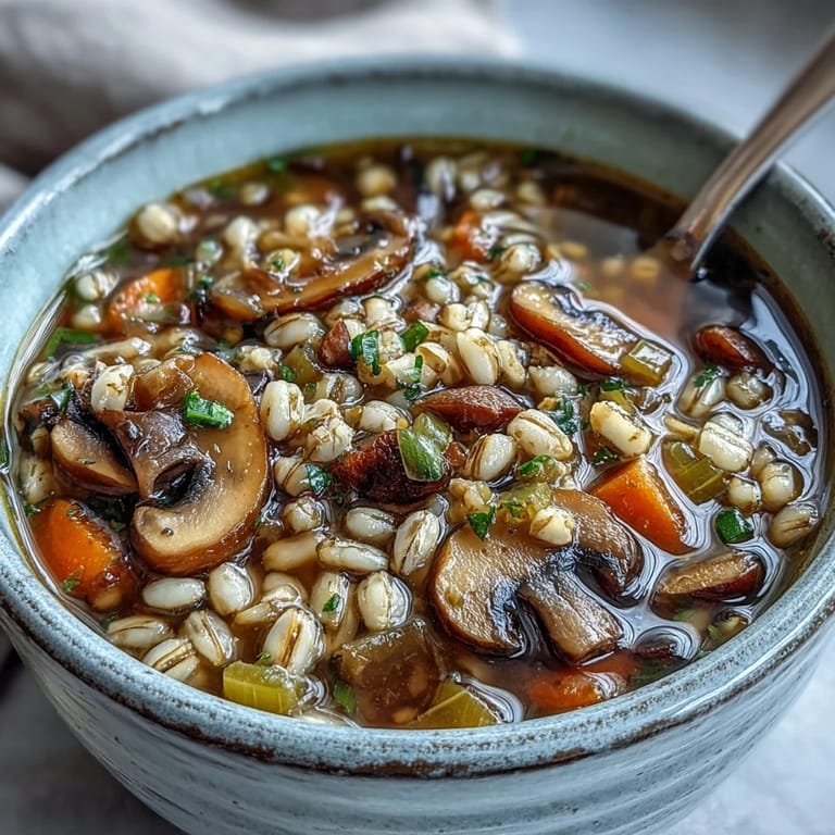 Mushroom Barley Soup simmering in a pot, featuring shiitake and white mushrooms with hearty pearl barley and diced vegetables.