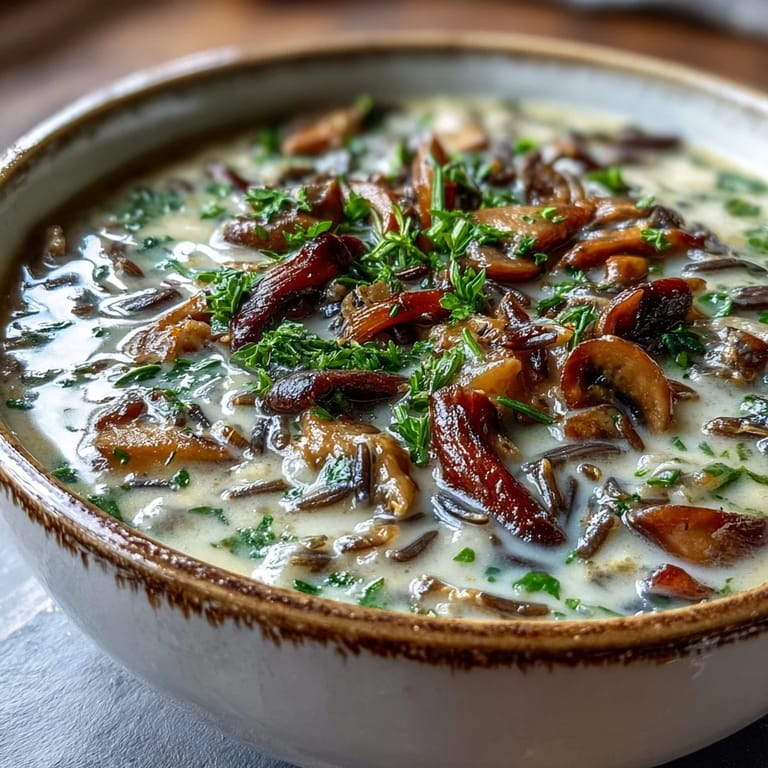 A steaming bowl of Wild Rice Mushroom Soup with sautéed mushrooms and thyme, served alongside crusty bread.