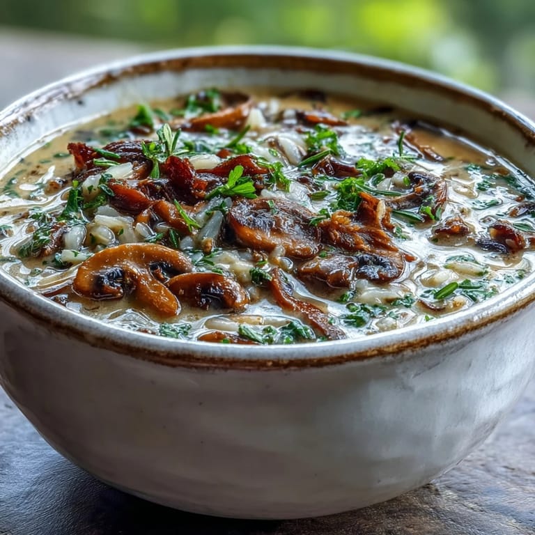 Earthy Wild Rice Mushroom Soup topped with fresh herbs, ready to serve as a cozy vegetarian dinner.