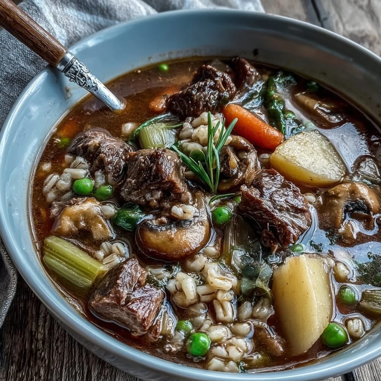 A rustic pot of Beef and Barley Soup simmering with mushrooms and pearl barley.